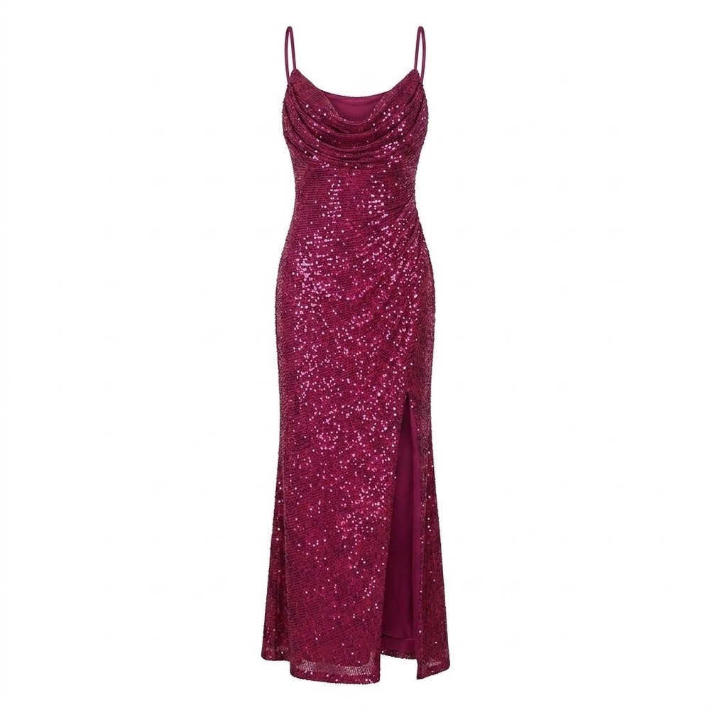 Y2K NW‎ Nightway Burgundy Sequin Cowl Neck Gown – High Slit Maxi Dress – Size 8